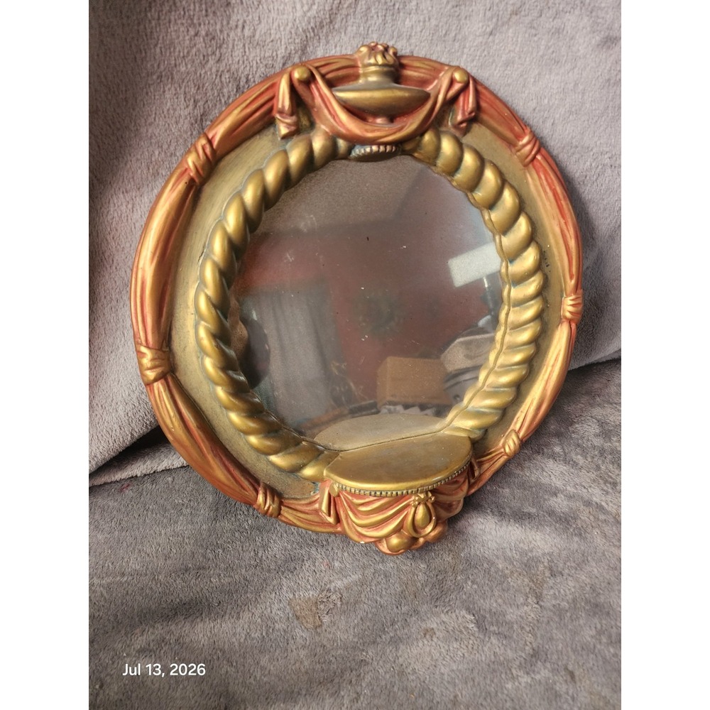 Vtg. Ornate Hollywood Regency Gold Red Wall Mirror Rope Genie Lamp Chalkware MCM